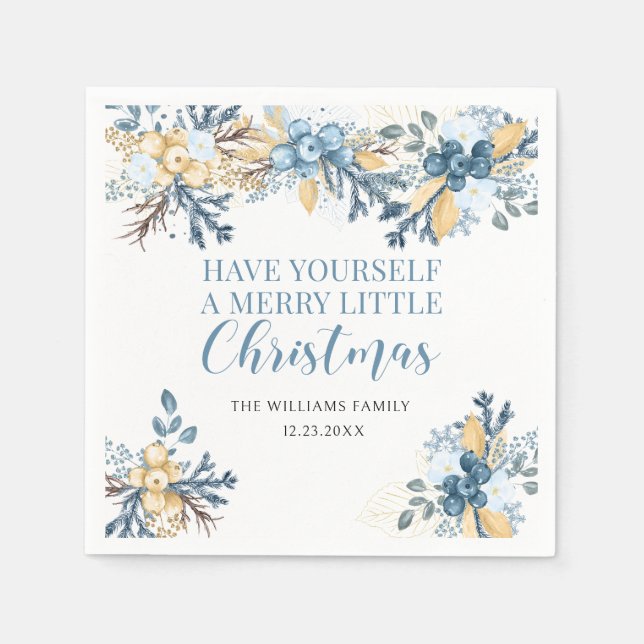 Merry Christmas blue winter berries Paper  Napkin (Front)