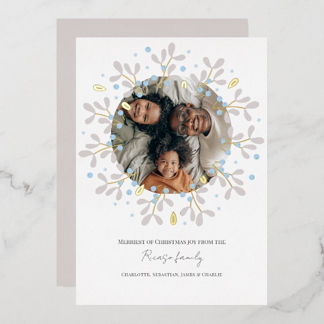 Merry Christmas Blue Wreath Photo Card (Front/Back)