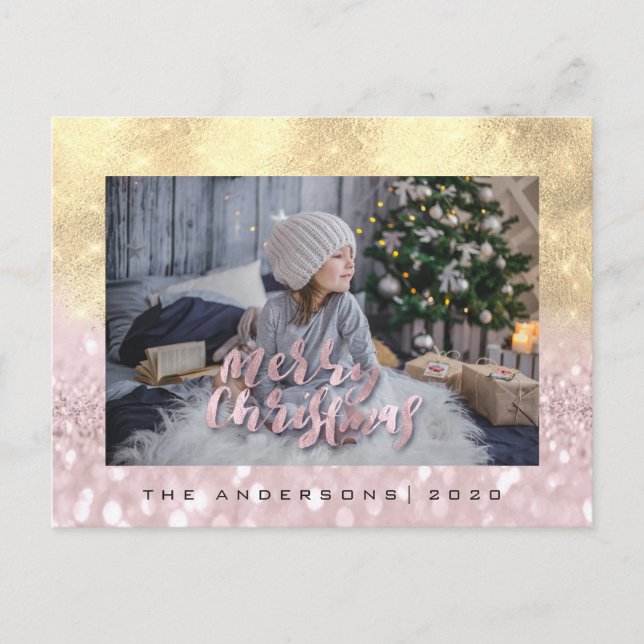 Merry Christmas Blush FauxGold Spark Photo Glitter Postcard (Front)