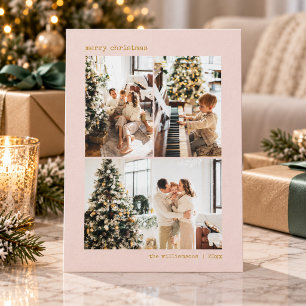 Merry Christmas Blush Pink Three Photo Collage Holiday Card