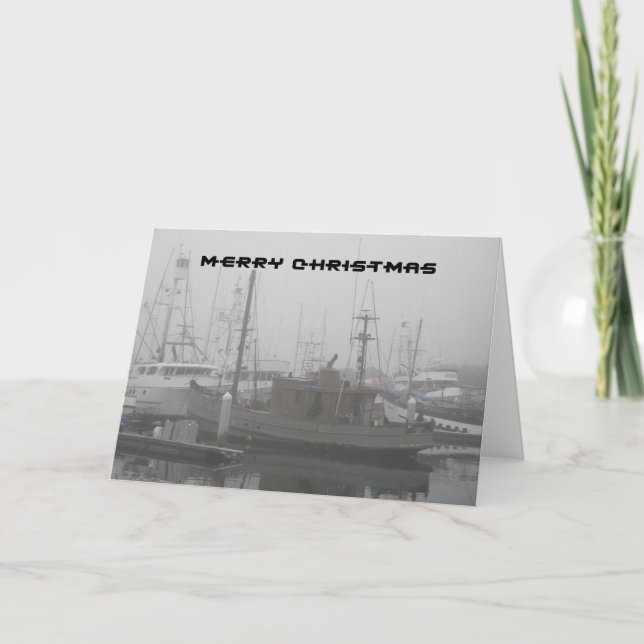 Merry Christmas - Boat Docked at Misty San Diego Holiday Card (Front)