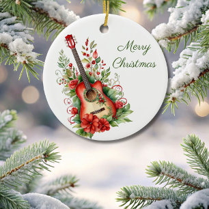 Merry Christmas Boho Guitar and Flowers Ornament