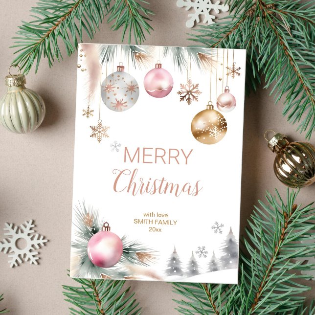 Merry Christmas boho metallic baubles watercolor Holiday Card (Merry Christmas holiday greeting template card instant digital download silver rose gold baubles)