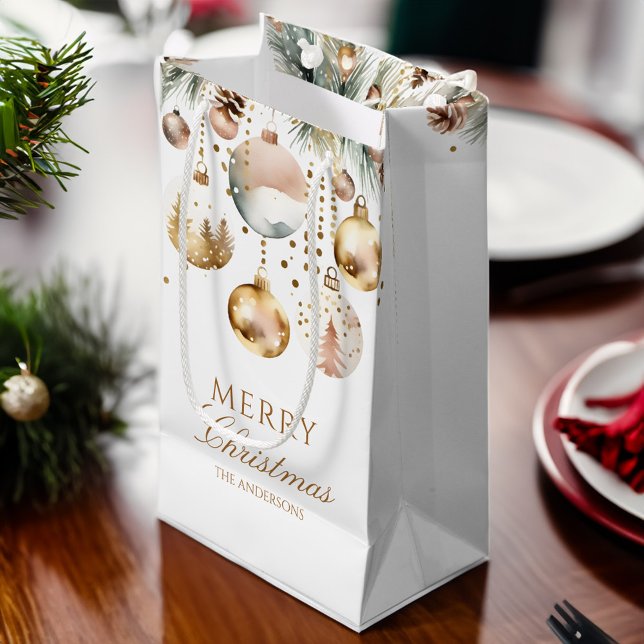 Merry Christmas boho metallic baubles watercolor Small Gift Bag (Merry Christmas boho watercolor metallic gold silver baubles snowy pines Small Gift Bag)