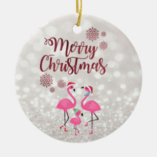 Merry Christmas,Bokeh,Flamingos Family Santa Hat Ceramic Tree Decoration