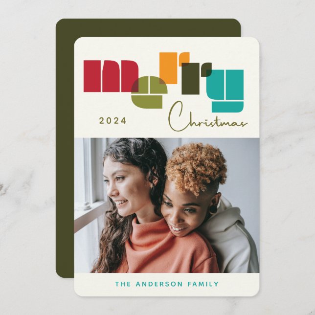 Merry Christmas Bold Dark Green Typography Photo Holiday Card (Front/Back)