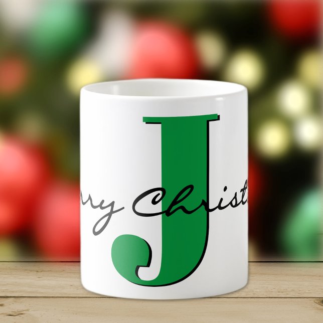 Merry Christmas Bold Green Initial 11oz Classic Coffee Mug (Creator Uploaded)