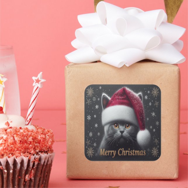 Merry Christmas Bombay Cat, Xmas Santa Bombay Cat Square Sticker (Party)