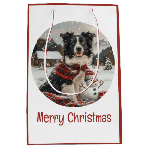 Merry Christmas Border Collie Dog Snowman Medium Gift Bag