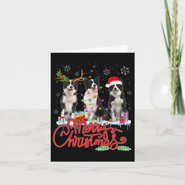 Merry Christmas Border Collie Santa Reindeer Light Card (Front)