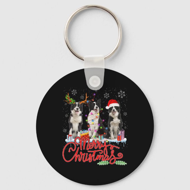 Merry Christmas Border Collie Santa Reindeer Light Key Ring (Front)