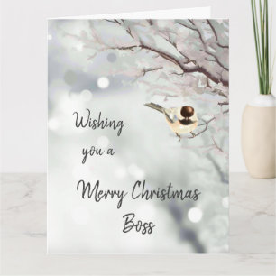 Merry Christmas Boss Watercolor Chickadee Bird Card