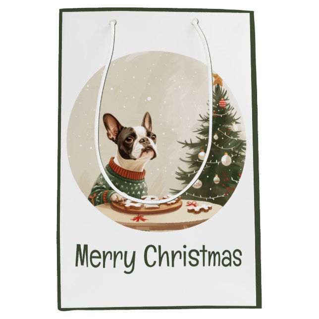 Merry Christmas Boston Terrier Dog Medium Gift Bag (Front)
