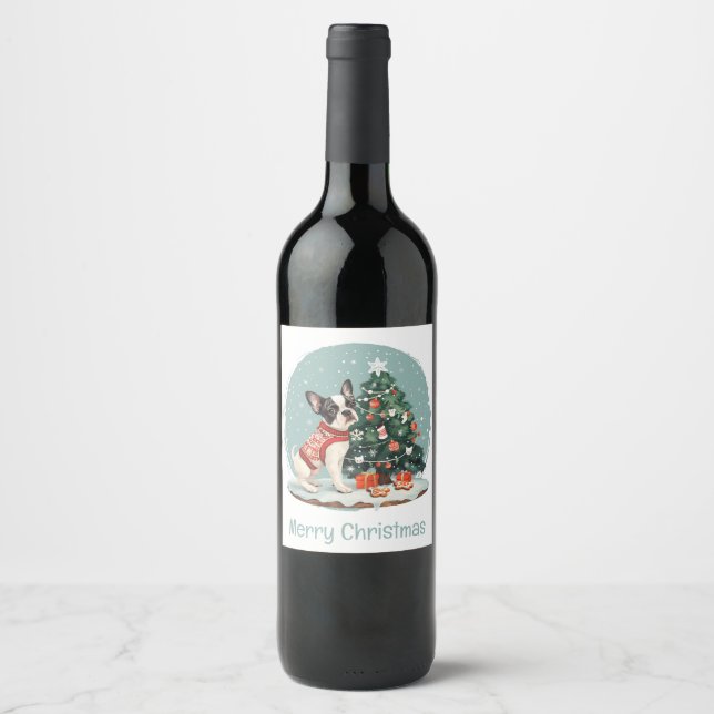Merry Christmas Boston Terrier Dog Wine Label (Front)