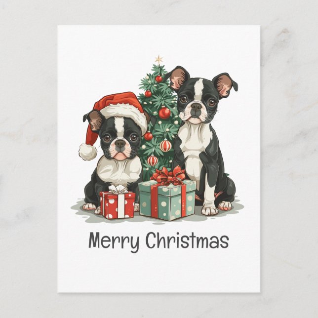 Merry Christmas Boston Terrier Dogs Holiday Postcard (Front)