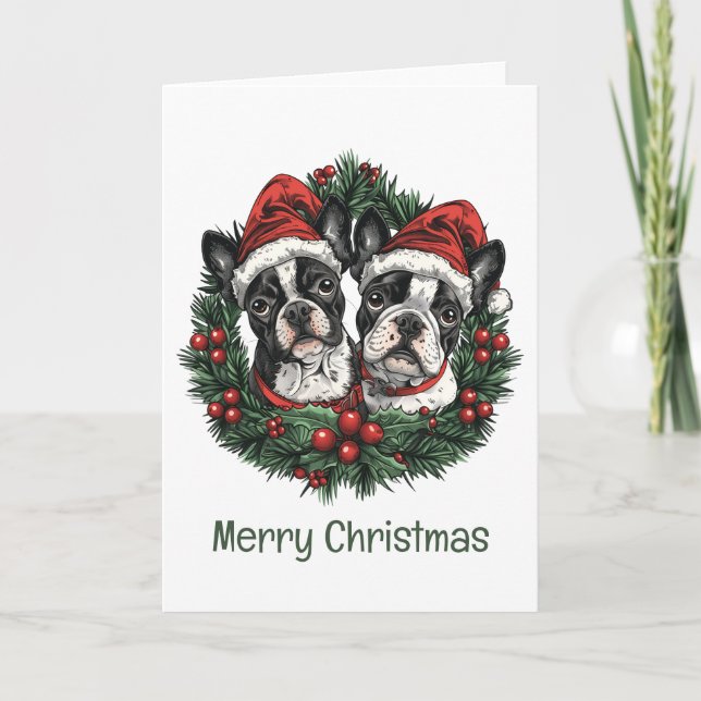 Merry Christmas Boston Terrier Dogs Holiday Wreath Card (Front)