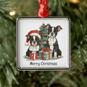 Merry Christmas Boston Terrier Dogs Metal Tree Decoration