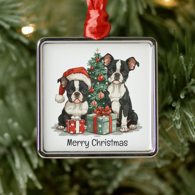Merry Christmas Boston Terrier Dogs Metal Tree Decoration (Tree)