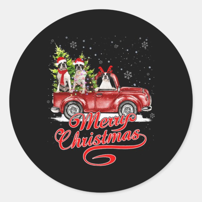 Merry Christmas Boston Terrier Dogs Santa Reindeer Classic Round Sticker (Front)