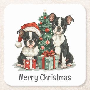 Merry Christmas Boston Terrier Dogs Square Paper Coaster
