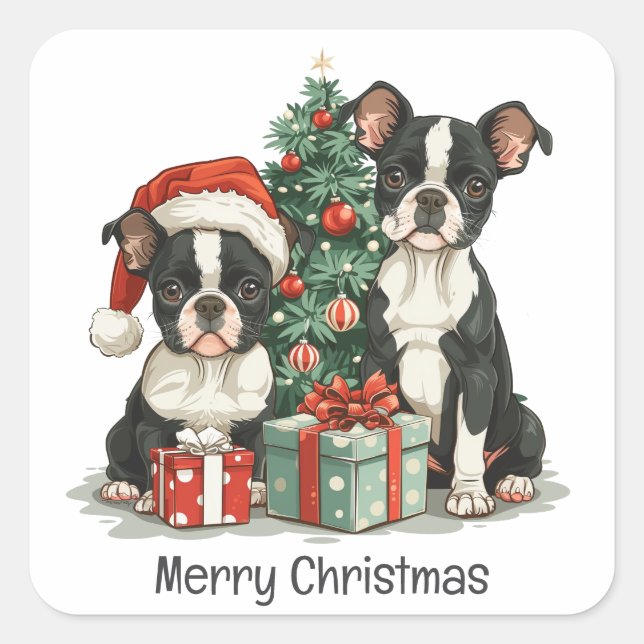 Merry Christmas Boston Terrier Dogs Square Sticker (Front)