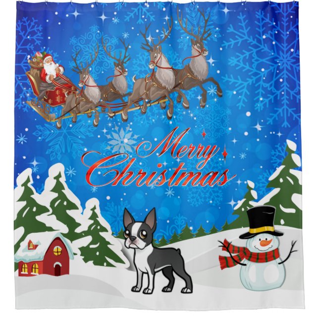 Merry Christmas Boston Terrier Shower Curtain (Front)