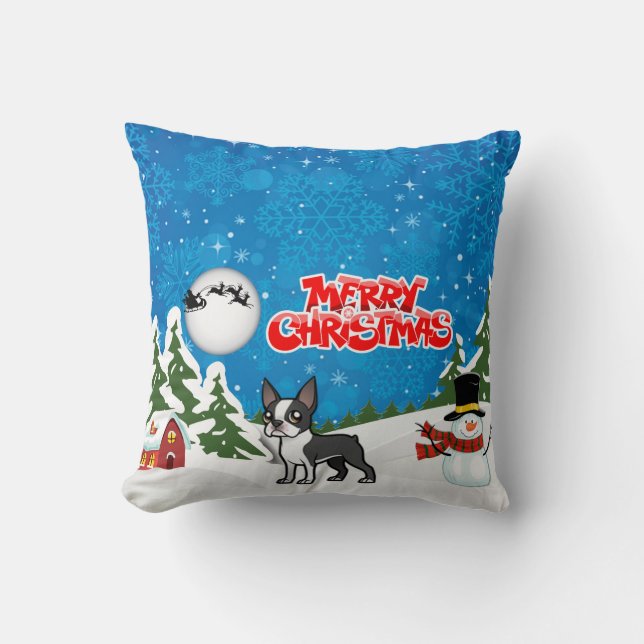 Merry Christmas Boston Terrier With A Snowman Cushion (Front)
