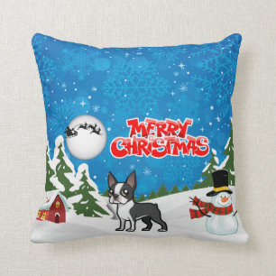 Merry Christmas Boston Terrier With A Snowman Cushion