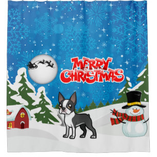 Merry Christmas Boston Terrier With A Snowman Shower Curtain