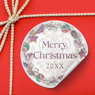 Merry Christmas Botancial & Baubles Wreath  Classic Round Sticker
