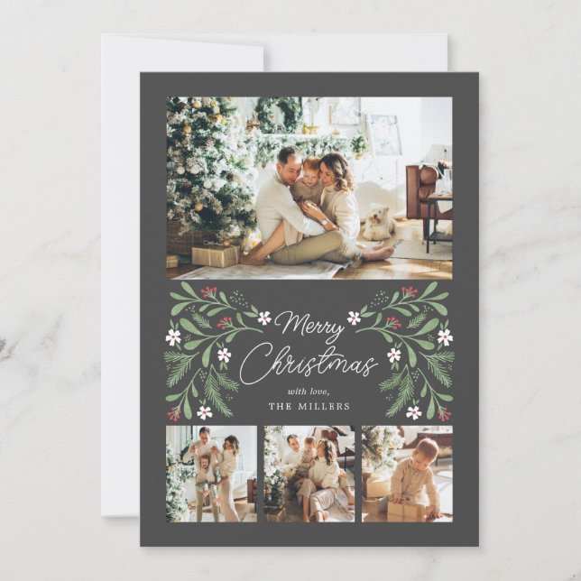 Merry Christmas Botanical 4 Photo Card (Front)