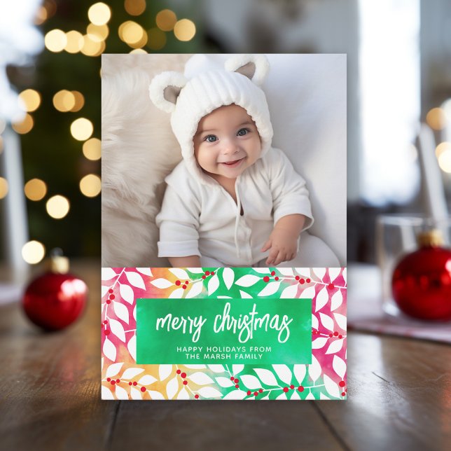 Merry Christmas Botanical Cheery Tie Dye - Photo Holiday Card (Tie Dye Christmas Card with 1 photo and eclectic patterns - print and download options)