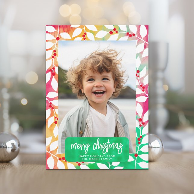 Merry Christmas Botanical Cheery Tie Dye - Photo Holiday Card (Retro Tie Dye Pattern Christmas Card. Add a little color to your holiday with this online photo card)