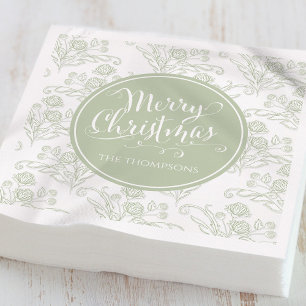 Merry Christmas Botanical Elegant Green Floral Napkin
