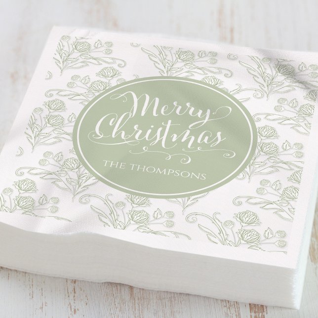 Merry Christmas Botanical Elegant Green Floral  Napkin (Elegant sage green botanical Merry Christmas personalized holiday cocktail napkin.)