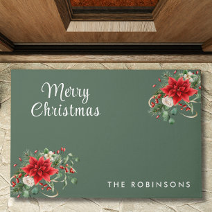 Merry Christmas Botanical Family Name Green Doormat