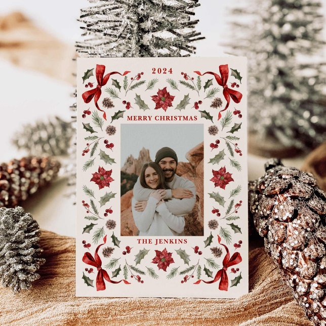 Merry Christmas Botanical Family Photo Holiday Card (Elegant Botanical Family Photo Card)