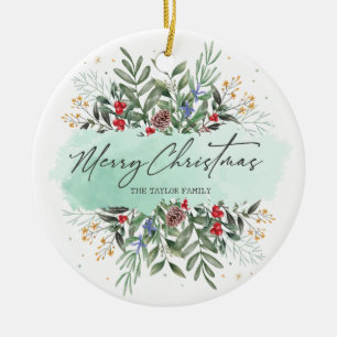 Merry Christmas Botanical Floral Ceramic Tree Decoration