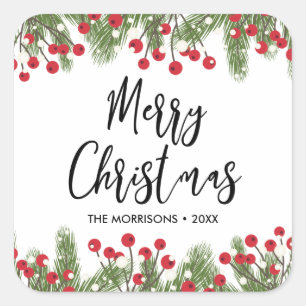 Merry Christmas Botanical Pine & Berry Custom Square Sticker