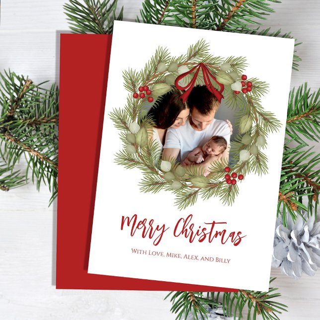 Merry Christmas Botanical Winter Holiday Wreath (Merry Christmas cute calligraphy script holiday wreath photo greeting card)