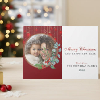 Merry Christmas Botanical Wreath Photo Holiday Card