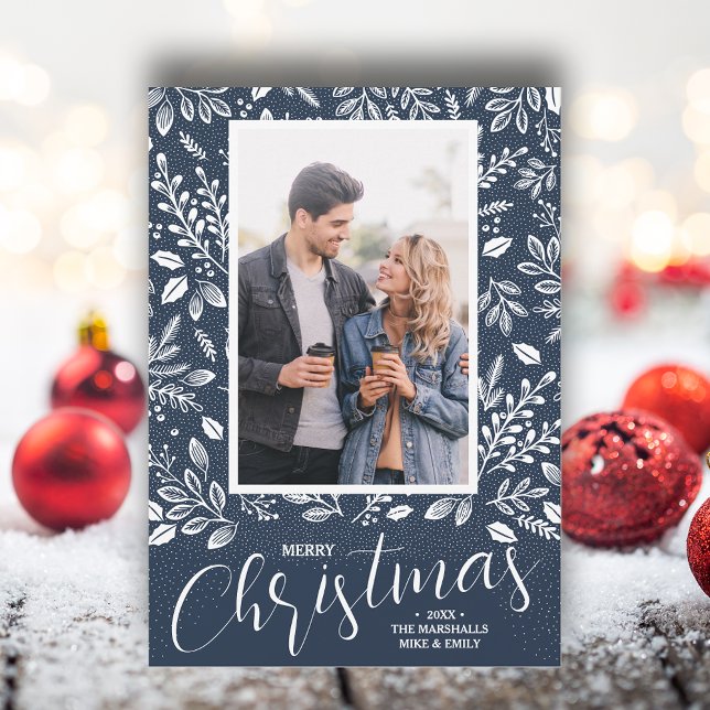 Merry Christmas Botanicals on Navy Blue Photo Holiday Card (White botanicals on blue Merry Christmas photo holiday cards, PRINTED and/or INSTANT DOWNLOAD)