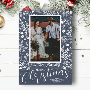 Merry Christmas Botanicals Photo Denim Holiday Card
