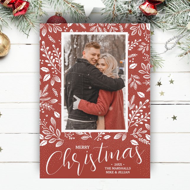 Merry Christmas Botanicals Rustic Red Photo Holiday Card (White botanicals on rustic red Merry Christmas photo holiday cards, PRINTED and/or INSTANT DOWNLOAD)