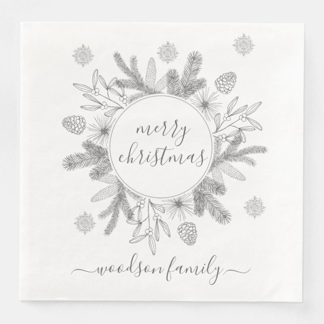 Merry Christmas Boughs Pine Holly Wreath  Napkin (Front)