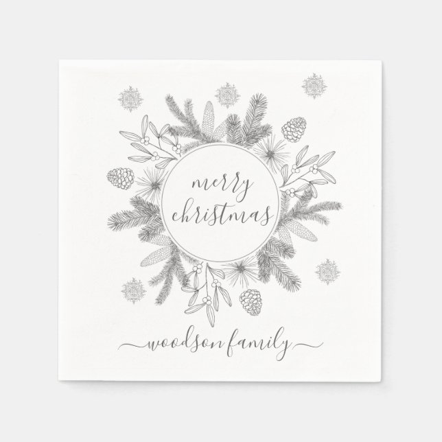 Merry Christmas Boughs Pine Holly Wreath  Napkin (Front)