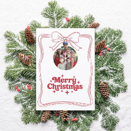 Merry Christmas bow red white modern photo card