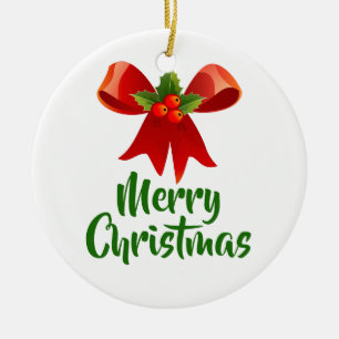 Merry Christmas Bow Retro Style Ceramic Tree Decoration