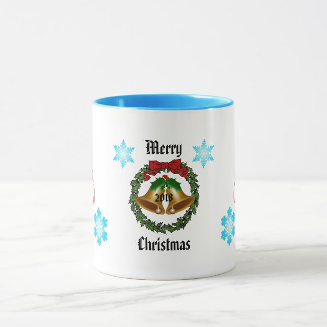 Merry Christmas Bow, Wreath, Bells, and Snowflakes Mug (Center)