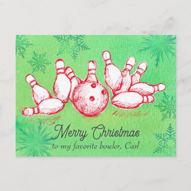 Merry Christmas Bowling Ball Pins Personalised Holiday Postcard (Front)